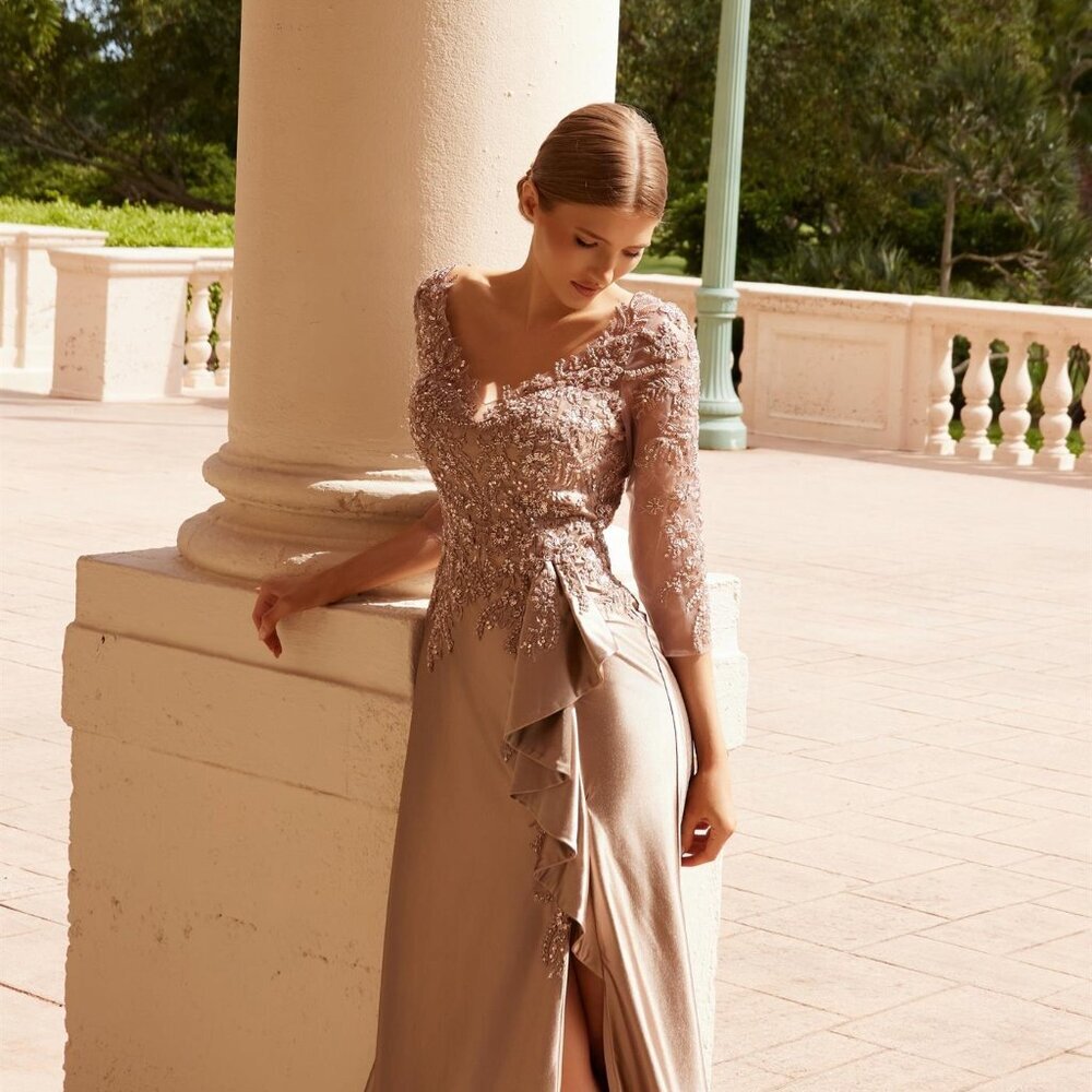 NEW FORMAL SHEATH BEADED LONG MOB SATIN DRESS W/ ZIP BACK & 3/4 SLEEVES NX ME126